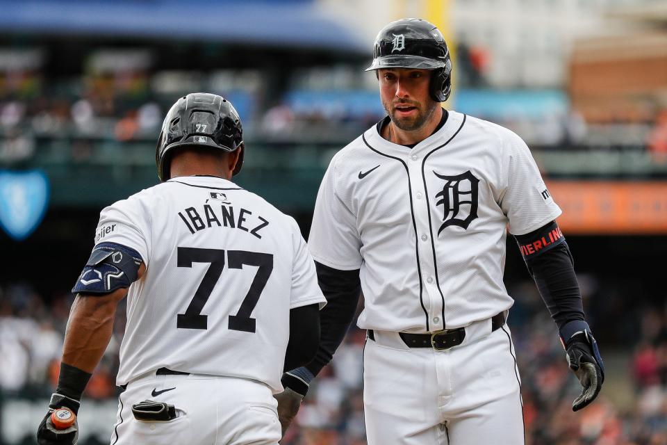Detroit Tigers right fielder Matt Vierling (8) celebrates a solo home run against Oakland Athletics during the fourth inning of the home opening day at Comerica Park in Detroit on Friday, April 5, 2024.