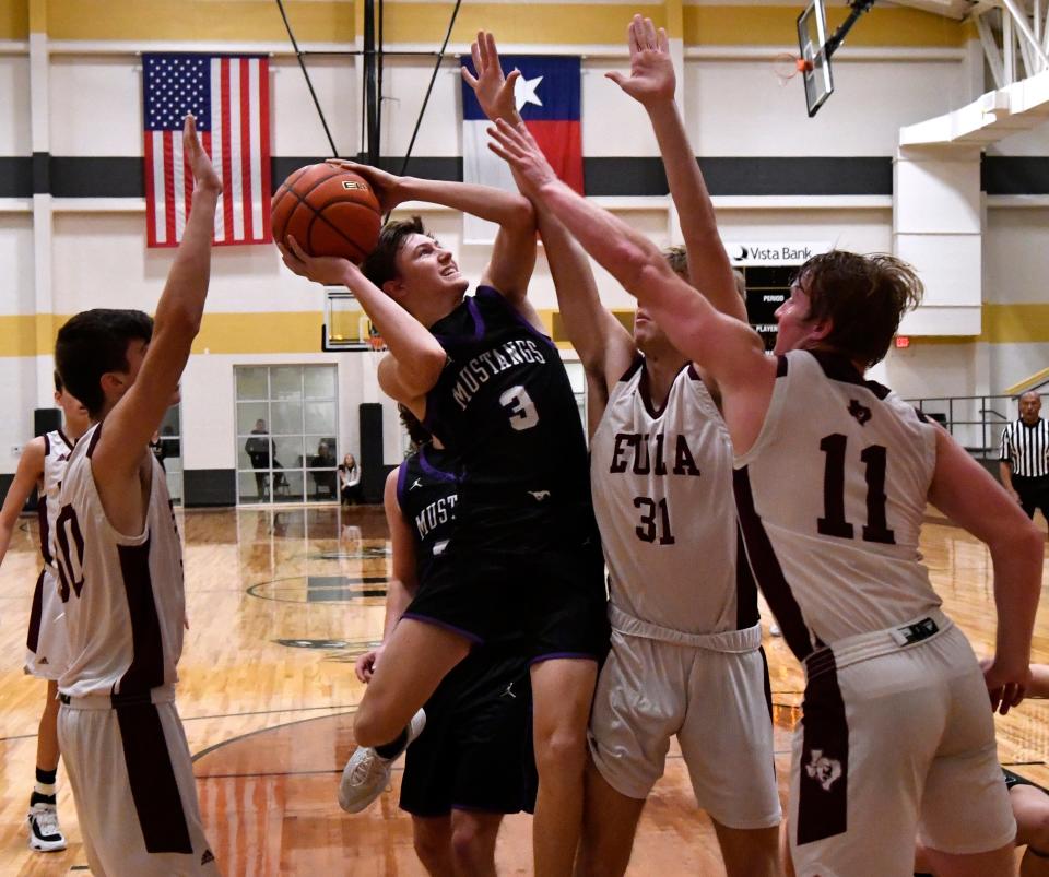 Benjamin's Weston Weatherford takes a shot at the basket during the Mustangs' playoff game against Eula on Friday in Haskell.