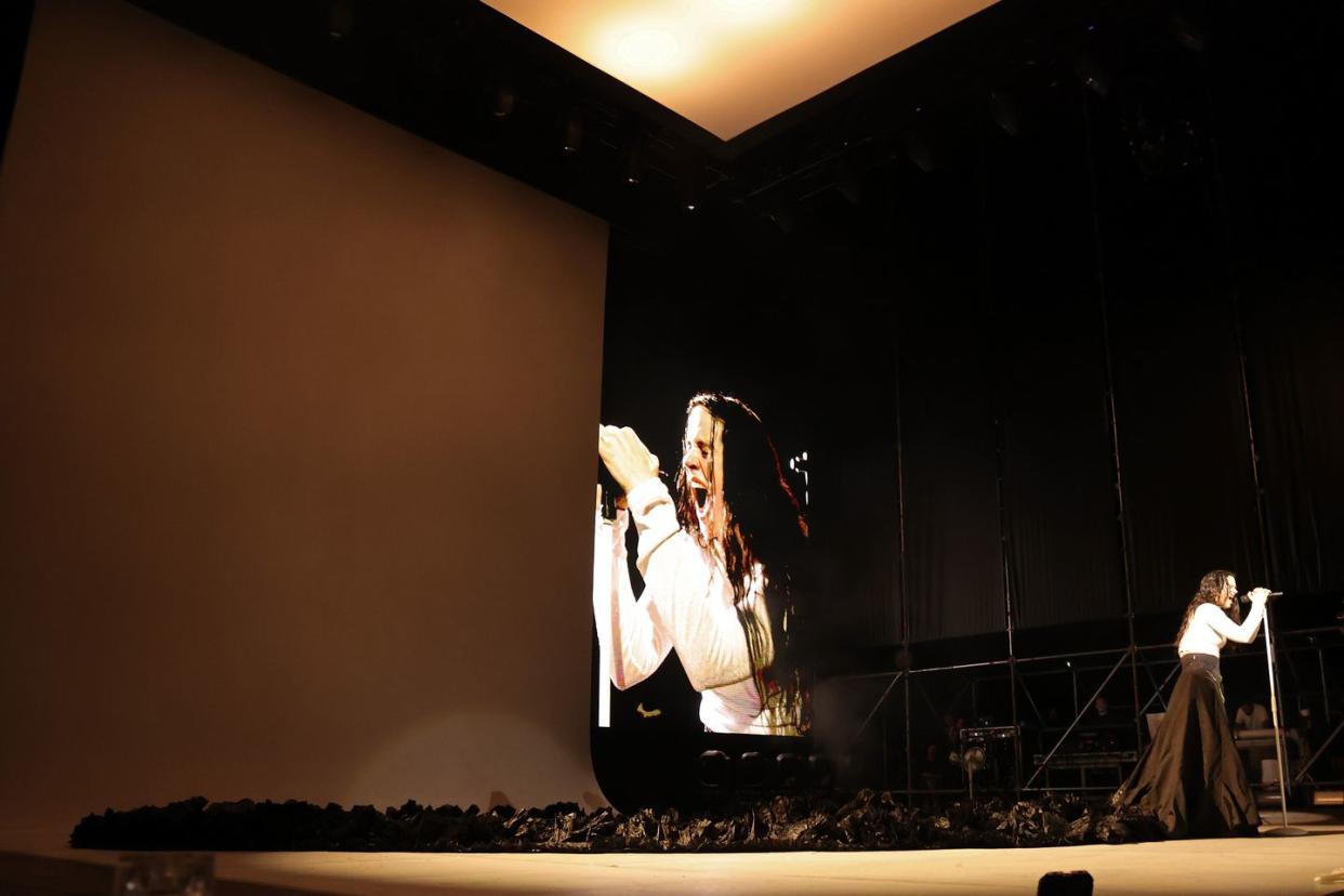 seville, spain july 09 rosalia performs during the motomami tour at la cartuja de sevilla stadium on july 09, 2022 in seville, spain photo by taylor hillredferns