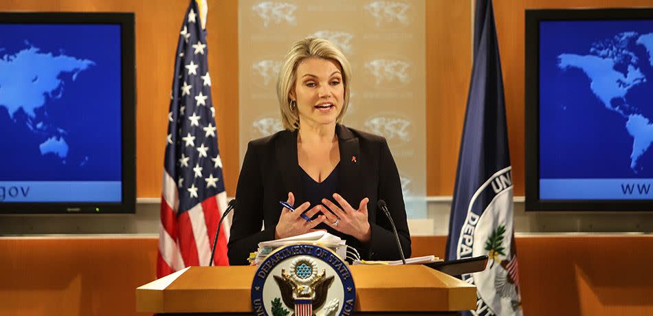 U.S. Department of State spokesperson Heather Nauert speaks in the press briefing room at the Department of State on November 30, 2017 in Washington, DC.