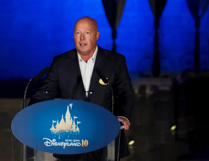 FILE PHOTO: Bob Chapek, chairman of Walt Disney Parks and Resorts, speaks during the 10th anniversary ceremony of Hong Kong Disneyland in Hong Kong, China September 11, 2015. REUTERS/Tyrone Siu/File Photo