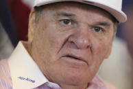 FILE - In this Jan. 19, 206 file photo, former Cincinnati Reds player and manager Pete Rose speaks during a press conference where it was announced that he will be inducted into the Reds Hall of Fame in Cincinnati. Rose says cheating on the field is bad for the game, and the one thing he never did with his bets is change the outcome of a game. (AP Photo/Gary Landers, File)