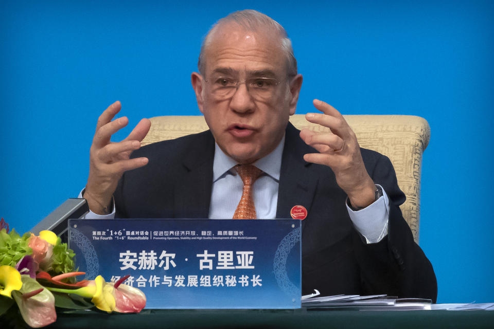 Organization for Economic Cooperation and Development (OECD) Secretary-General Angel Gurria speaks during a press conference for the the Fourth 1+6 Roundtable Dialogue at the Diaoyutai State Guesthouse in Beijing, Thursday, Nov. 21, 2019. (AP Photo/Mark Schiefelbein)