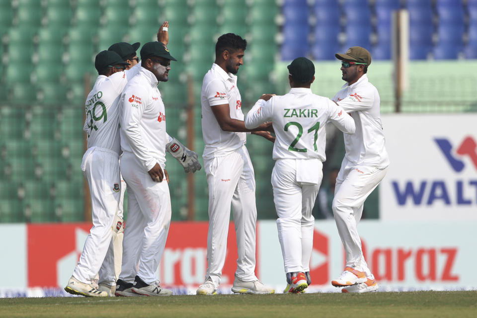 Bangladesh's Khaled Ahmed celebrates a wicket of India's K.L. Rahul left during the first Test cricket match day one between Bangladesh and India in Chattogram, Bangladesh, Wednesday, Dec. 14, 2022. (AP Photo/Surjeet Yadav)