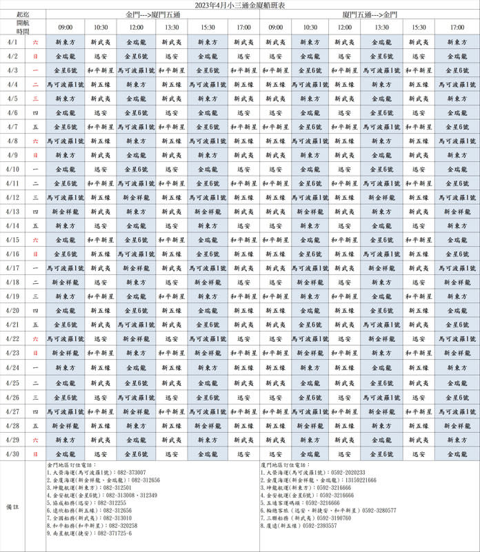 金廈小三通4月份航班表