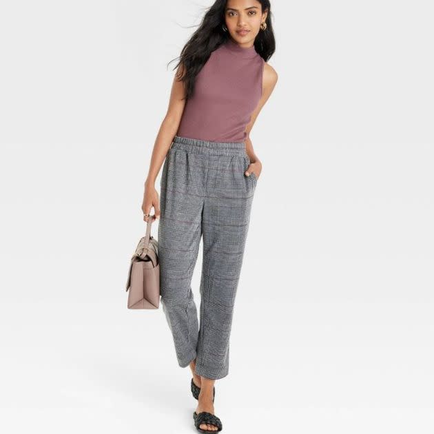 Office sweatpants in heather gray with a glen plaid print.