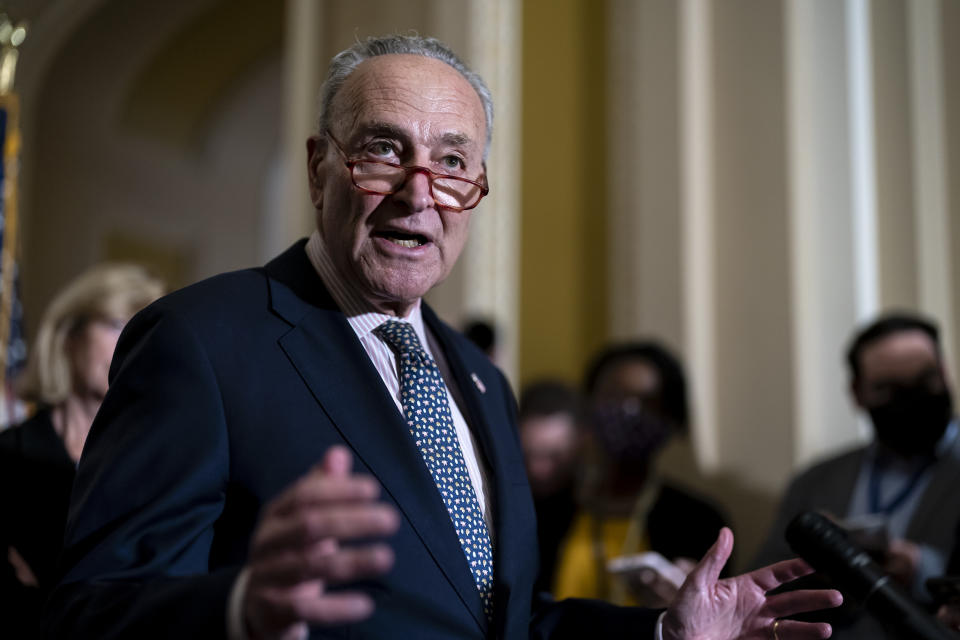 FILE - Senate Majority Leader Chuck Schumer, D-N.Y., speaks to reporters at the Capitol in Washington, Sept. 28, 2022. As the midterm campaign speeds into its final full month, leading Republicans believe the Senate majority remains firmly within their reach. Democrats have no margin for error as they confront the weight of history, widespread economic concerns and President Joe Biden’s weak standing. (AP Photo/J. Scott Applewhite, File)