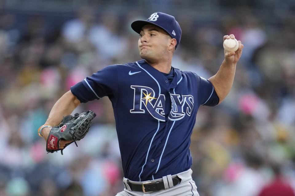 Tampa Bay Rays starting pitcher Shane McClanahan works against a San Diego Padres batter during the first inning of a baseball game Friday, June 16, 2023, in San Diego. (AP Photo/Gregory Bull)