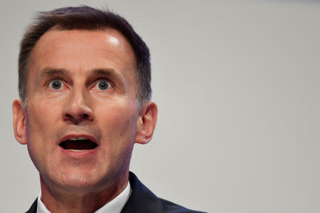 Britain's Foreign Secretary Jeremy Hunt addresses the Conservative Party Conference in Birmingham, Britain September 30, 2018. REUTERS/Toby Melville