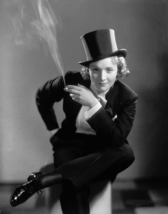 Marlene Dietrich making her Hollywood film debut in 1930 as the tuxedo clad Amy Jolly in the film 'Morocco', directed by Josef von Sternberg.