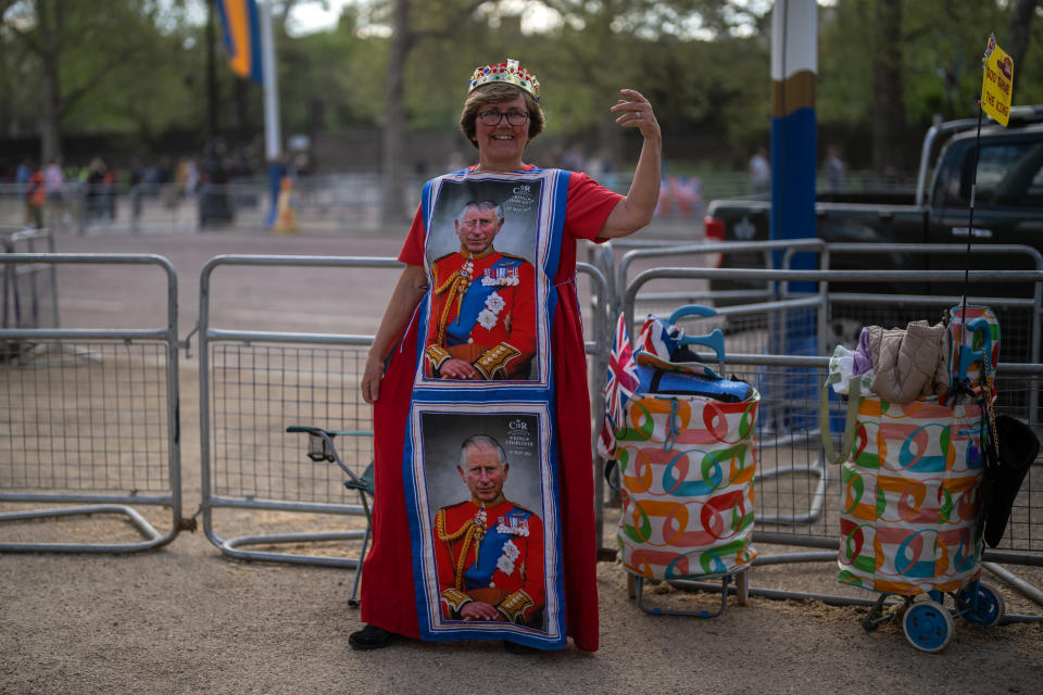 LONDON, ENGLAND - MAY 04: Royal fan Mandy Ellis from Uttoxeter poses for a photograph near where she is camped on The Mall ahead of the Coronation, on May 04, 2023 in London, England. The Coronation of King Charles III and The Queen Consort will take place on May 6, part of a three-day celebration. (Photo by Carl Court/Getty Images)