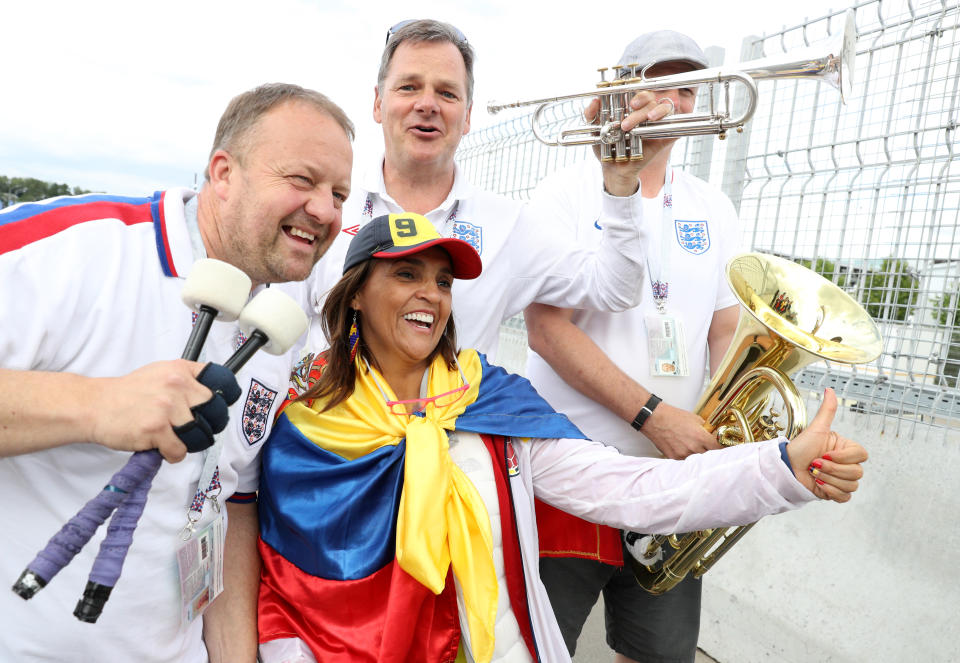 <p>England and Colombia fans show their support prior to the FIFA World Cup 2018, round of 16 match at the Spartak Stadium, Moscow. (Photo by Owen Humphreys/PA Images via Getty Images) </p>