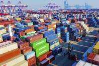 A view of the container port in Qingdao in eastern China's Shandong province on Tuesday, Jan. 14, 2020. China's exports rose 0.5% in 2019 despite a tariff war with Washington after growth rebounded in December on stronger demand from other markets. (Chinatopix Via AP)