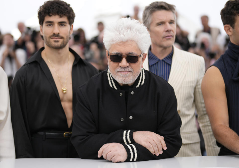 Jose Condessa, from left, director Pedro Almodovar, and Ethan Hawke pose for photographers at the photo call for the film 'Strange Way of Life' at the 76th international film festival, Cannes, southern France, Wednesday, May 17, 2023. (Photo by Scott Garfitt/Invision/AP)
