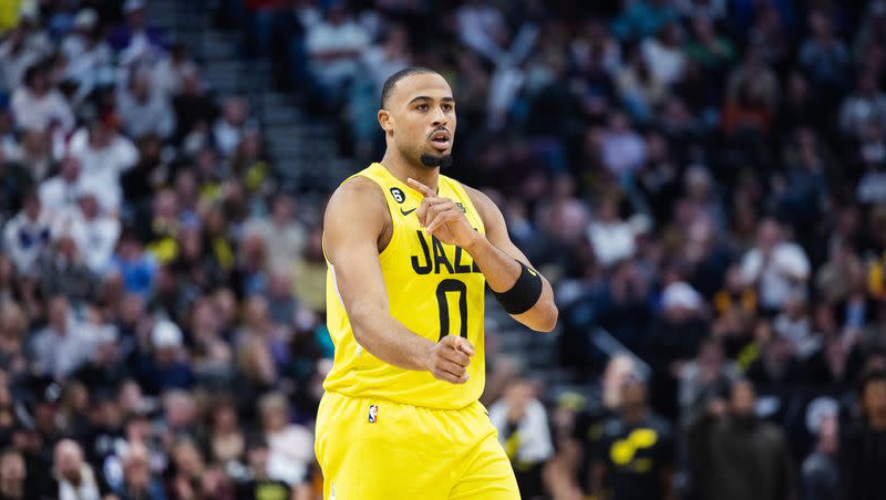 Utah Jazz guard Talen Horton-Tucker (0) celebrates during game against the Sacramento Kings at Vivint Arena in Salt Lake City on March 20, 2023. What does Horton-Tucker’s future with the Jazz look like? That’s the question. 