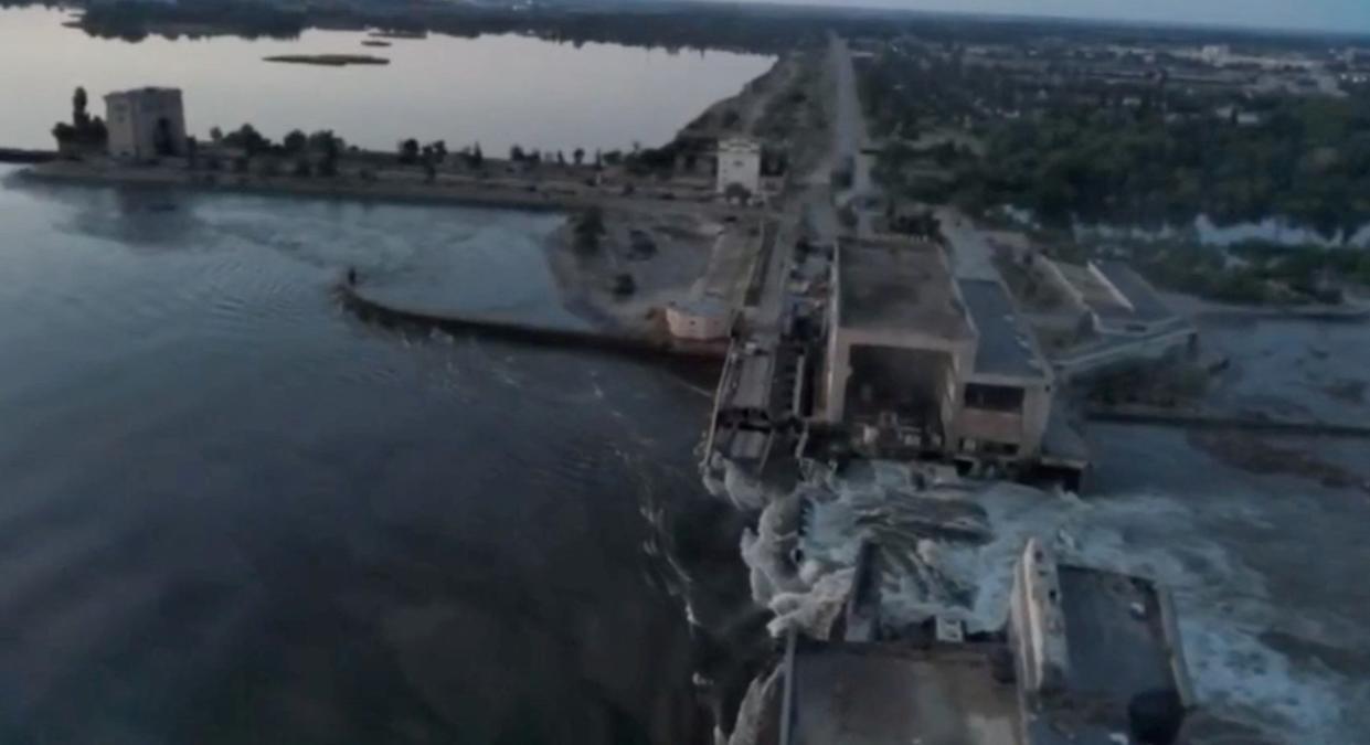 A general view of the Nova Kakhovka dam that was breached in Kherson region, Ukraine (via REUTERS)