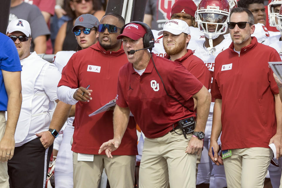 Oklahoma head coach Brent Venables yells to his team on a play against Tulsa during the first half of an NCAA college football game Saturday, Sept. 16, 2023, in Tulsa, Okla. (AP Photo/Alonzo Adams)