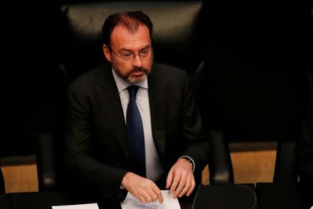 Mexico's Foreign Secretary Luis Videgaray talks to the Senate about the state of U.S.-Mexico relations in Mexico City, Mexico, February 28, 2017. REUTERS/Carlos Jasso