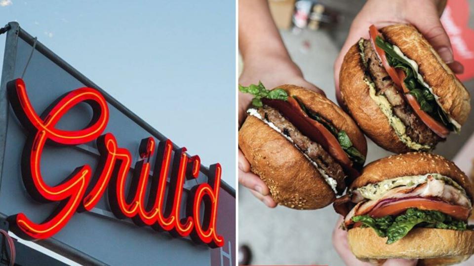 A Grill'd sign on the left and a trio of burgers on the right.