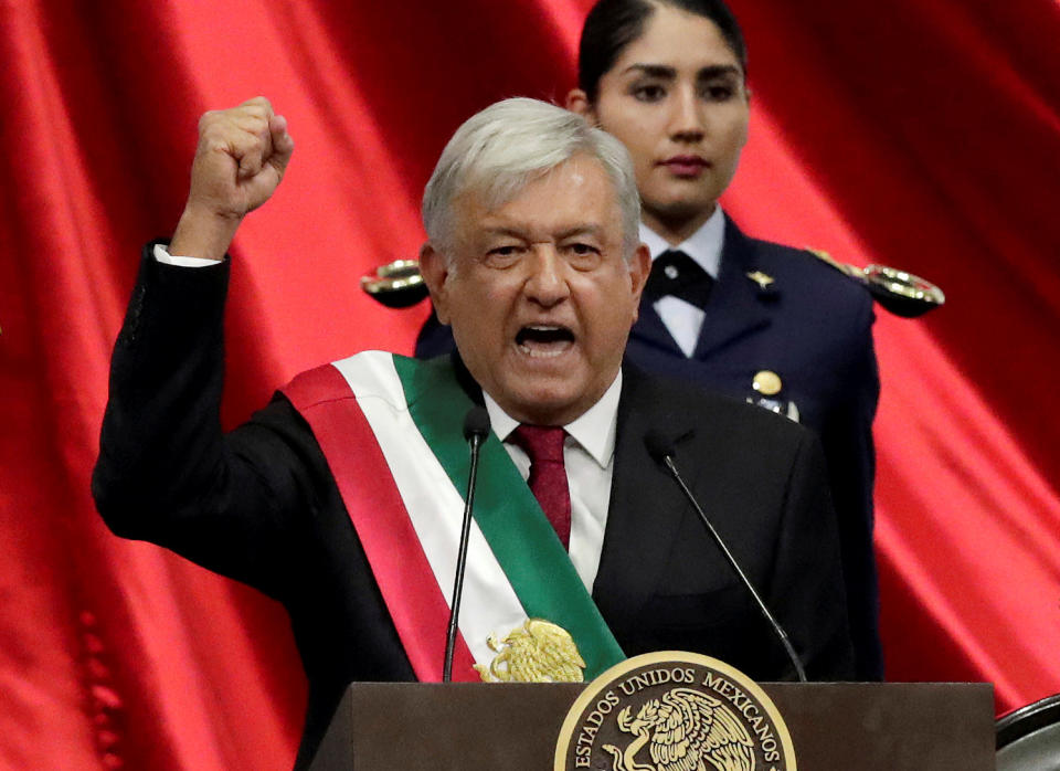 Mexico's new President Andres Manuel Lopez Obrador gestures during his inauguration ceremony at Congress, in Mexico City, Mexico December 1, 2018. REUTERS/Henry Romero     TPX IMAGES OF THE DAY