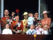 A family photo of the wider Royal family, with the Queen centre-stage and Prince Philip in uniform on the left.