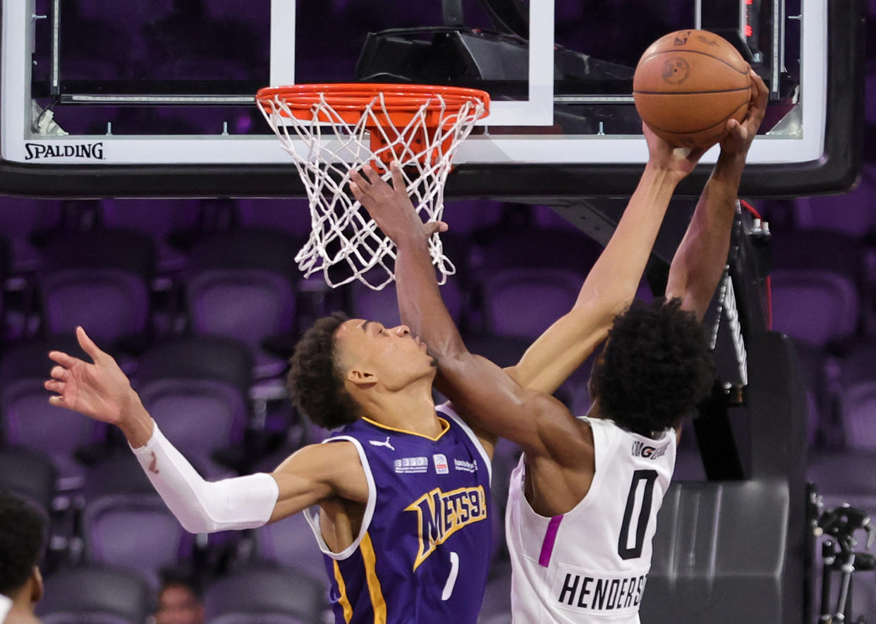 Projected No. 1 2023 NBA draft prospect Victor Wembanyama of Metropolitans 92 blocks a shot by Scoot Henderson of G League Ignite during their game at The Dollar Loan Center in Henderson, Nevada, on Oct. 4, 2022. The Ignite defeated the Metropolitans 92, 122-115. (Ethan Miller/Getty Images)