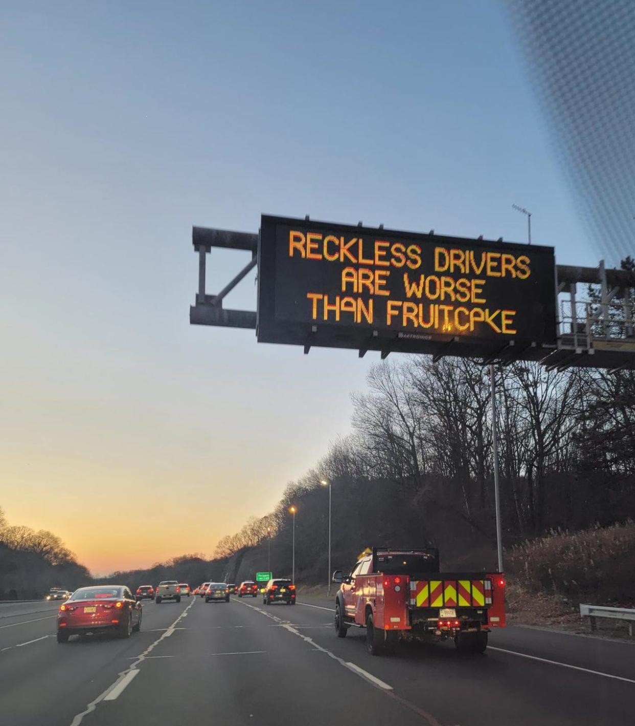 The New Jersey Department of Transportation took to some creative holiday signs to encourage safer driving habits as seen on Route 80 in Parsippany Nov. 28, 2023.