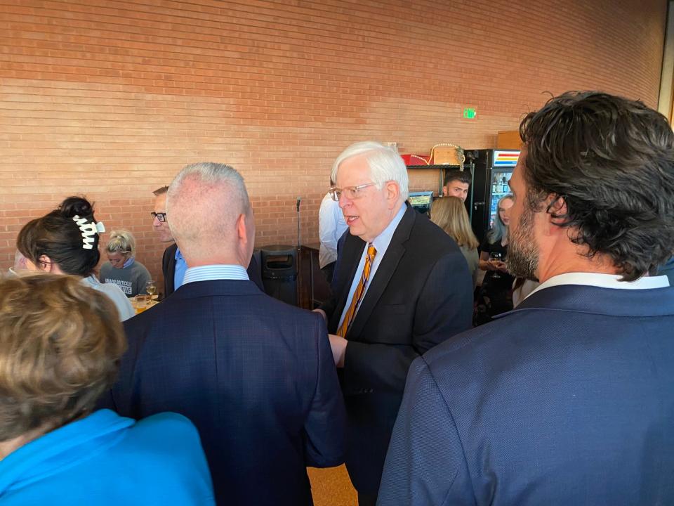 Radio host and author Dennis Prager meets guests at a VIP reception before a program held on the Arizona State University campus in Tempe, Arizona on Feb. 8, 2023.