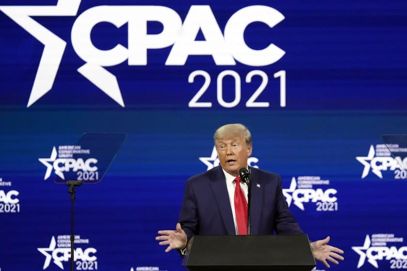 Former president Donald Trump speaks at the Conservative Political Action Conference (CPAC) Sunday, Feb. 28, 2021, in Orlando, Fla. (AP Photo/John Raoux)