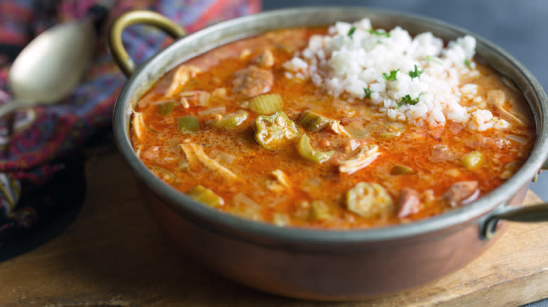 bowl of chicken gumbo and rice