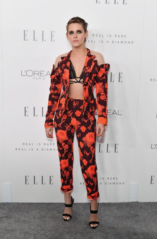 <p>Kristen Stewart <span class="redactor-invisible-space">wore a barely there Antonio Berardi floral suit to attend the ELLE 24th annual Women In Hollywood celebration.</span></p>