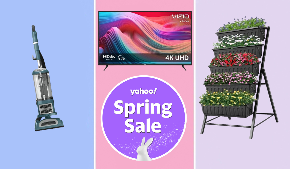 walmart deals: a Shark vacuum, Vizio TV and 5-tier vertical garden on a colorful background with a round purple sticker that reads: Yahoo! Spring Sale