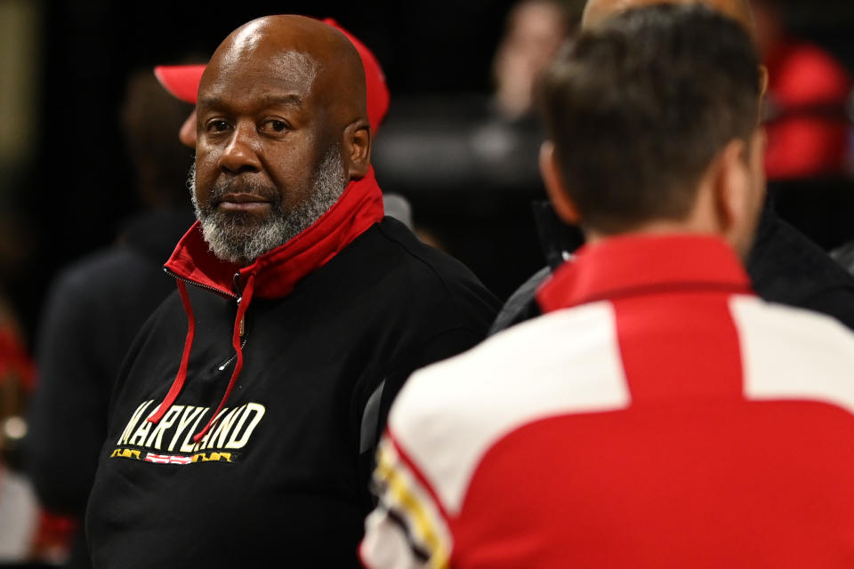 Jan 28, 2023; College Park, Maryland, USA; Maryland Terrapins football head coach Mike Locksley stands near the court before the basket ball game against the <a class="link " href="https://sports.yahoo.com/ncaaw/teams/nebraska/" data-i13n="sec:content-canvas;subsec:anchor_text;elm:context_link" data-ylk="slk:Nebraska Cornhuskers;sec:content-canvas;subsec:anchor_text;elm:context_link;itc:0">Nebraska Cornhuskers</a> at Xfinity Center. Mandatory Credit: Tommy Gilligan-USA TODAY Sports