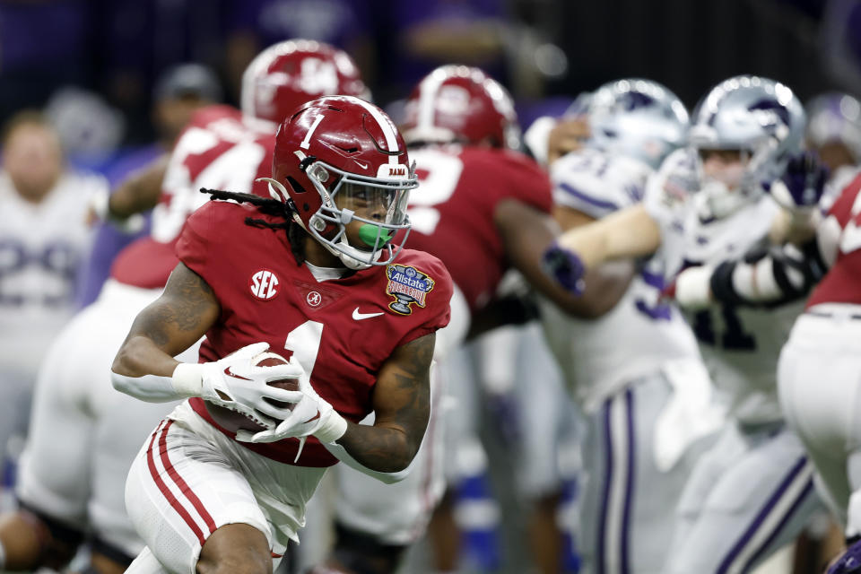 Alabama running back Jahmyr Gibbs (1) carries the ball against Kansas State during the first half of the Sugar Bowl NCAA college football game Saturday, Dec. 31, 2022, in New Orleans. (AP Photo/Butch Dill)