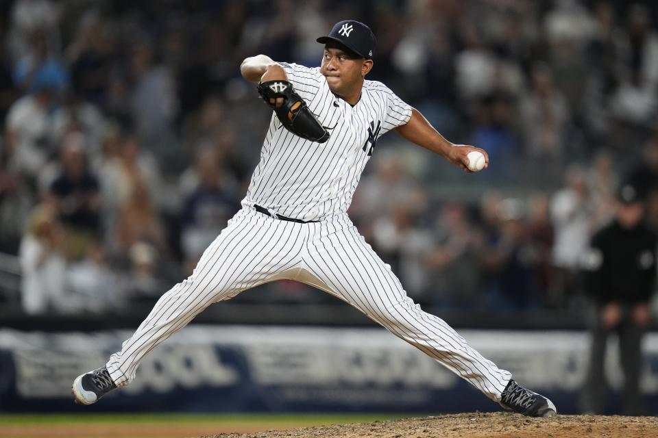 New York Yankees' Wandy Peralta pitches to a Washington Nationals batter during the ninth inning of a baseball game Wednesday, Aug. 23, 2023, in New York. The Yankees won 9-1. (AP Photo/Frank Franklin II)