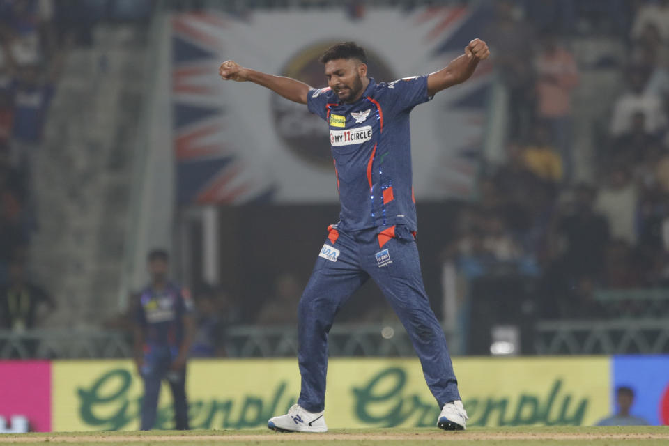 Lucknow Super Giants' Mohsin Khan celebrates the dismissal of Punjab Kings' captain Shikhar Dhawan during the Indian Premier League cricket match between Lucknow Super Giants and Punjab Kings in Lucknow, India, Saturday, March 30, 2024.(AP Photo/Pankaj Nangia)