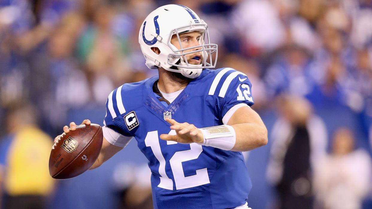 INDIANAPOLIS, IN - SEPTEMBER 21:  Andrew Luck  of the Indianapolis Colts throws down field during the game against the New York Jets  at Lucas Oil Stadium on September 21, 2015 in Indianapolis, Indiana.
