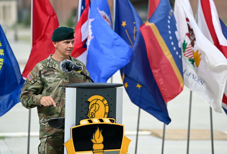 Brig. Gen. Guillaume "Will" Beaurpere, incoming commander for the John F. Kennedy Special Warfare Center and School makes remarks during a command change ceremony Thursday, Aug. 11, 2022, at Fort Bragg.