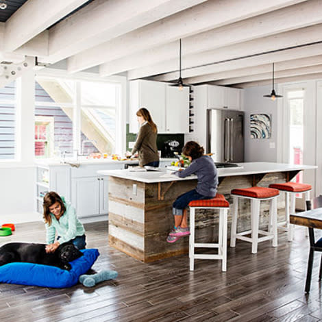 Weathered woods give the kitchen dimension