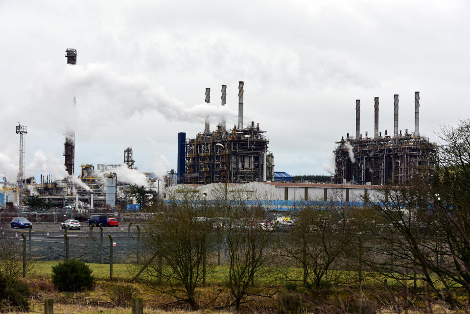 COWDENBEATH, SCOTLAND - FEBRUARY 19: ExxonMobil's Mossmorran ethylene cracker plant in Fife, after more than 100 contract staff reportedly walked out over concerns about health and safety and employment conditions, on February 19, 2020 in Cowdenbeath, Scotland. The plant has been beset by problems and has come under sustained criticism over the effects of flaring on local residents, and has only just re-opened after a shutdown period to address some of the issues. (Photo by Ken Jack/Getty Images)