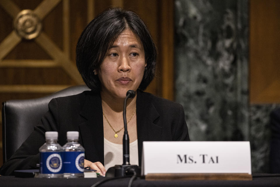 Katherine Tai, nominee for U.S. trade representative, testifies before a Senate Finance Committee hearing on Capitol Hill, in Washington, Thursday, Feb. 25, 2021. (Tasos Katopodis/Pool via AP)