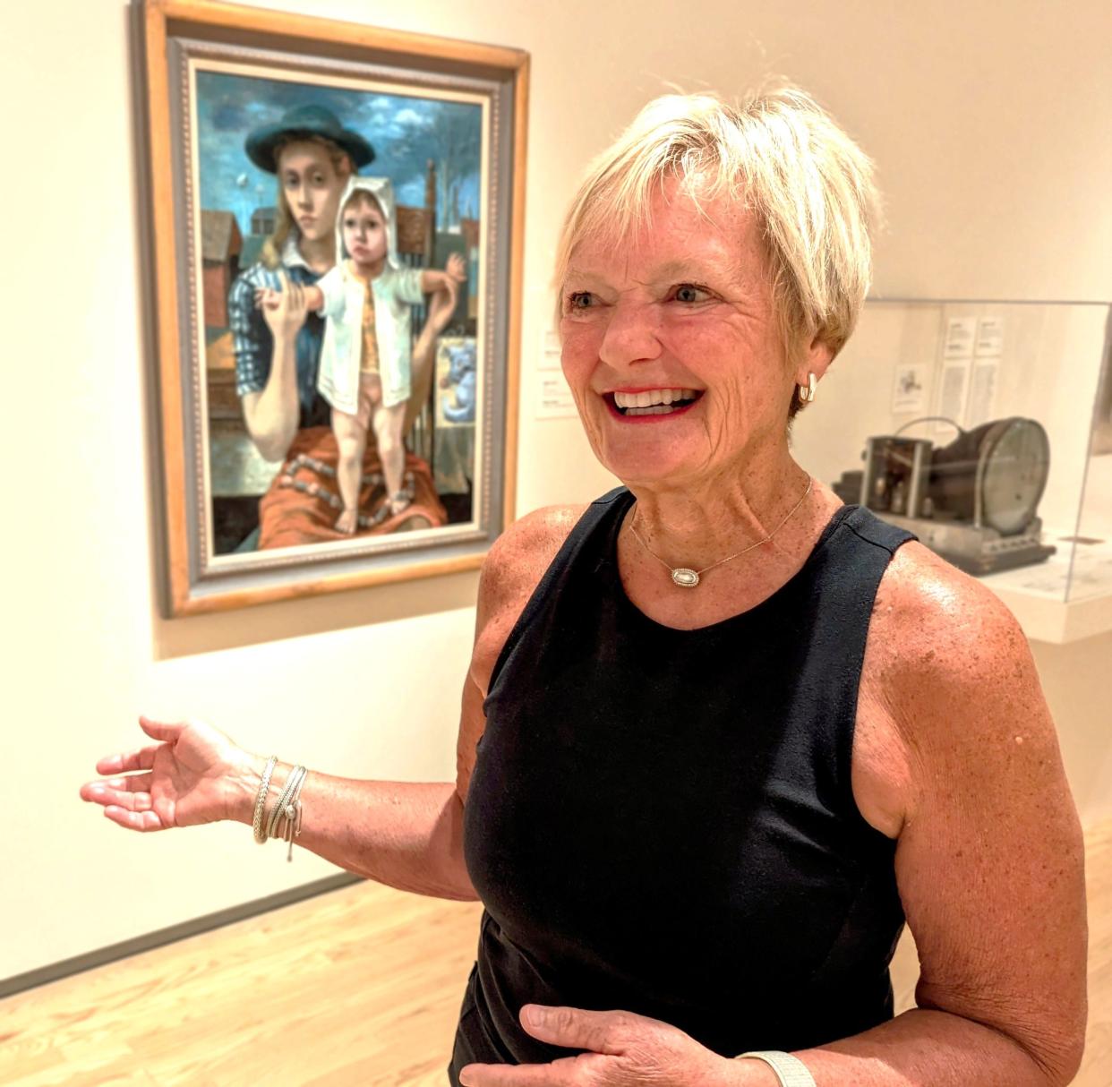 Another of Sherri Bergstrom’s favorite paintings at the Stanley Museum of Art in Iowa City is “The Young Mother” by Philip Guston, who lived here in the early 1940s. As a new volunteer docent at the museum, Bergstrom is especially enthralled with the works which have a local connection, like this one which features downtown Iowa City in the background.