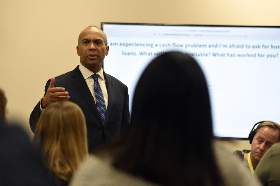 Democratic presidential hopeful and former Massachusetts Gov. Deval Patrick speaks with business owners during a campaign stop, Tuesday, Nov. 19, 2019, in Columbia, S.C. (AP Photo/Meg Kinnard)