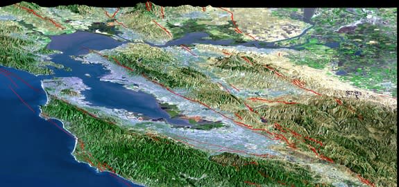 San Francisco Bay Area earthquake faults are drawn in red.