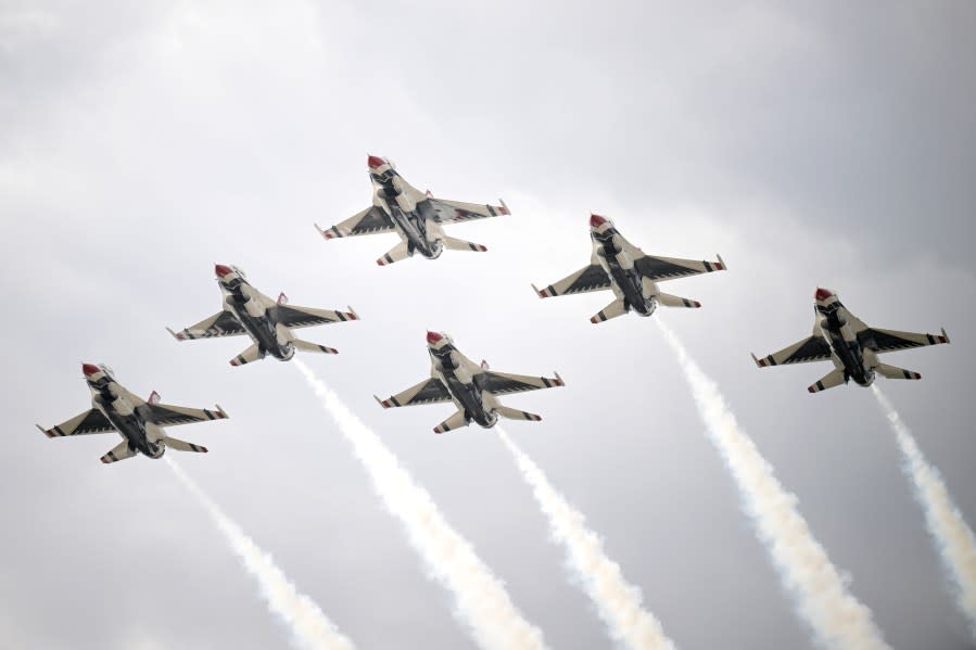 Members of the United States Air Force Thunderbirds perform over Daytona International Speedway before the NASCAR Daytona 500 auto race, Sunday, Feb. 19, 2023, in Daytona Beach, Fla. (AP Photo/Phelan M. Ebenhack)