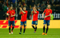 Soccer Football - International Friendly - Germany vs Spain - ESPRIT arena, Dusseldorf, Germany - March 23, 2018 Spain’s Koke, Jordi Alba and Saul Niguez applaud their fans after the match REUTERS/Thilo Schmuelgen