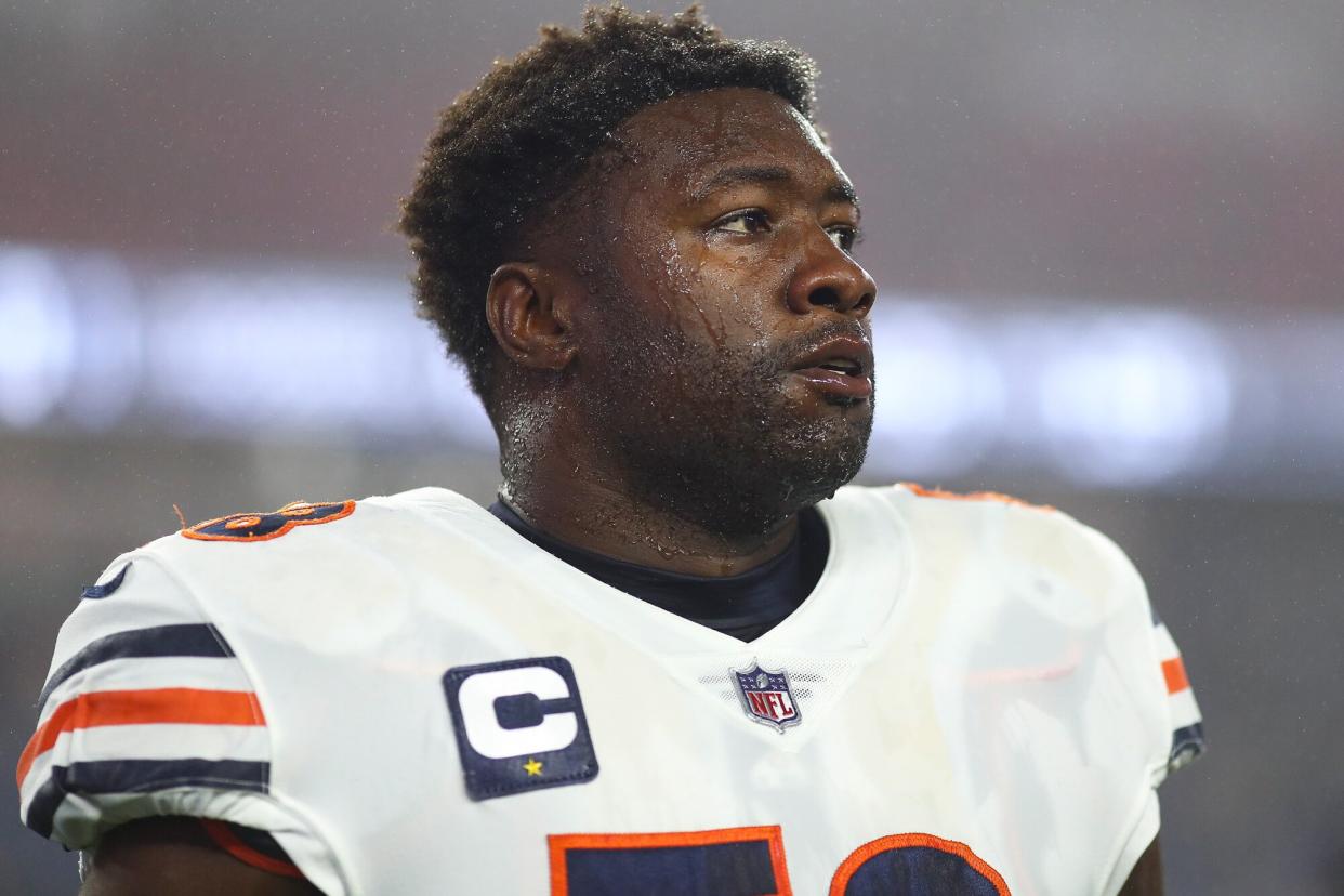 Roquan Smith #58 of the Chicago Bears stretches prior to an NFL football game against the New England Patriots at Gillette Stadium on October 24, 2022 in Foxborough, Massachusetts.