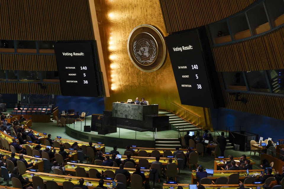 Screens display the results of a vote on a resolution regarding the war in Ukraine at United Nations headquarters, Thursday, March 24, 2022. (AP Photo/Seth Wenig)