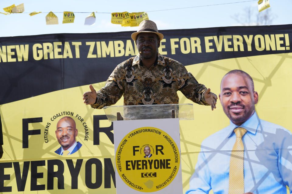 Zimbabwe's main opposition leader Nelson Chamisa adresses supporters at a rally on the outskirts of Harare on Wednesday, July 26, 2023. In an interview with The Associated Press Chamisa gave warning that any evidence of tampering by Mnangagwa's ruling ZANU-PF party in this month's elections could lead to "total disaster" for an already-beleaguered nation. Zimbabwe has a history of violent and disputed votes. (AP Photo/Tsvangirayi Mukwazhi)