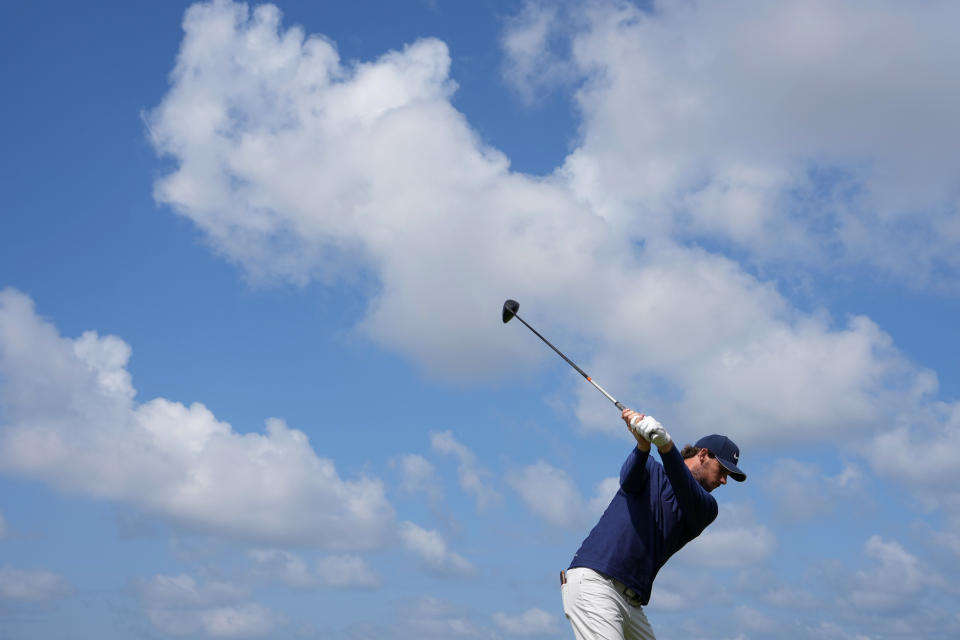 Thomas Pieters (LIV player) plays his shot from the 16th tee during the first round of The Open Championship golf tournament at Royal Liverpool. Mandatory Credit: Kyle Terada-USA TODAY Sports